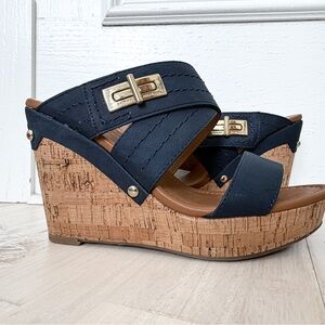 Tommy Hilfiger Navy Wedge Sandals with Cork Heel